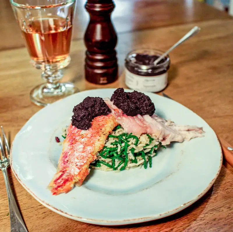 Roasted red mullet with tapenade, samphire, and rice