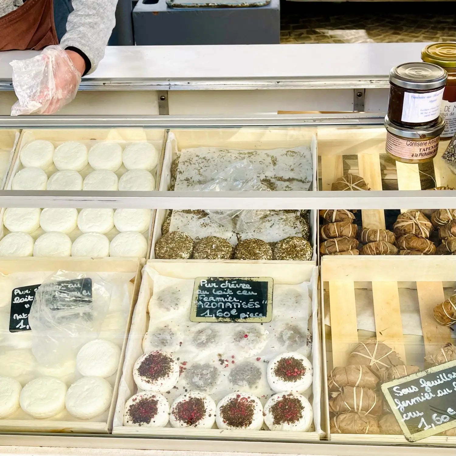 A selection of goat's cheese from a market stall in Provence