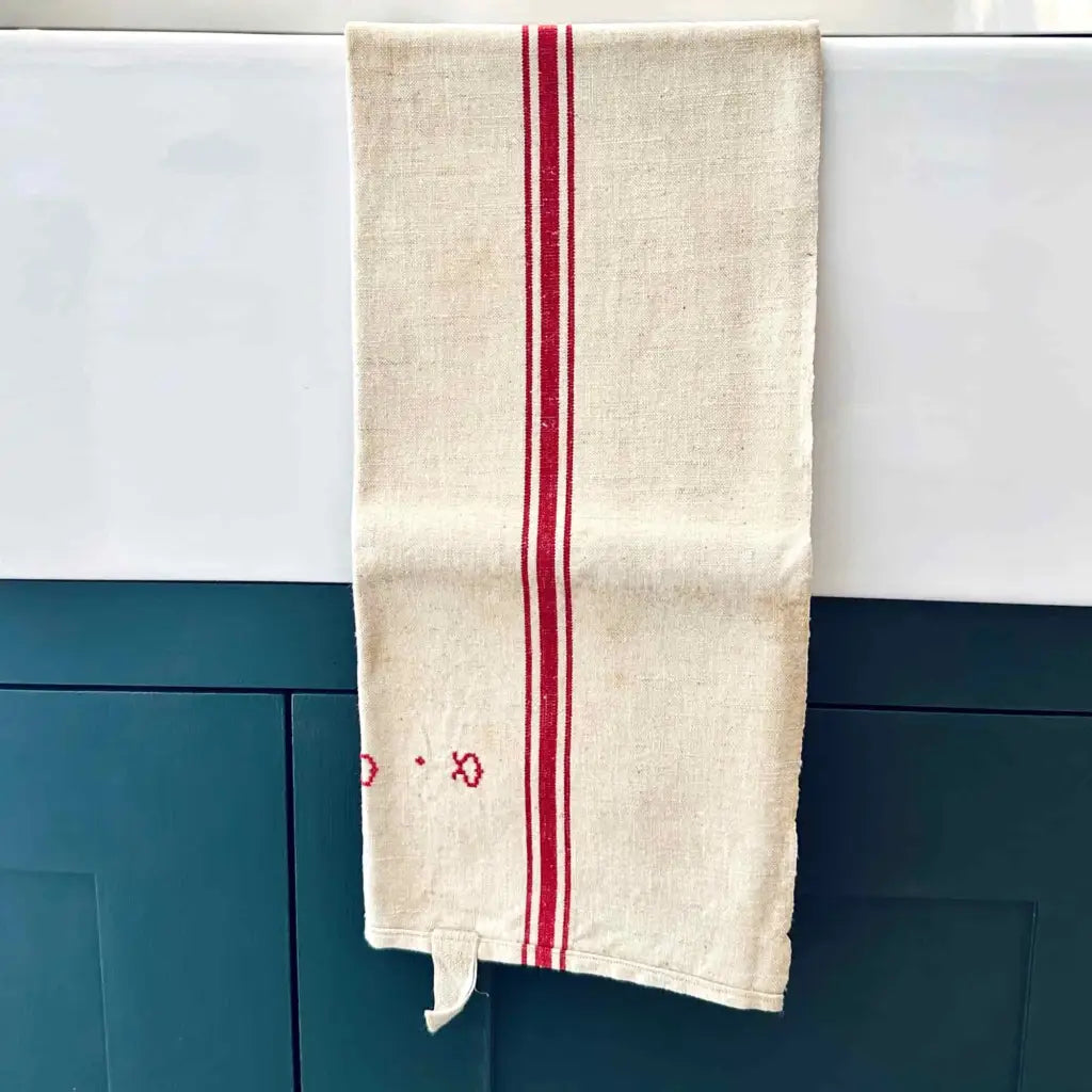 Antique French Linen Tea Towel with Red Stripes Tariette