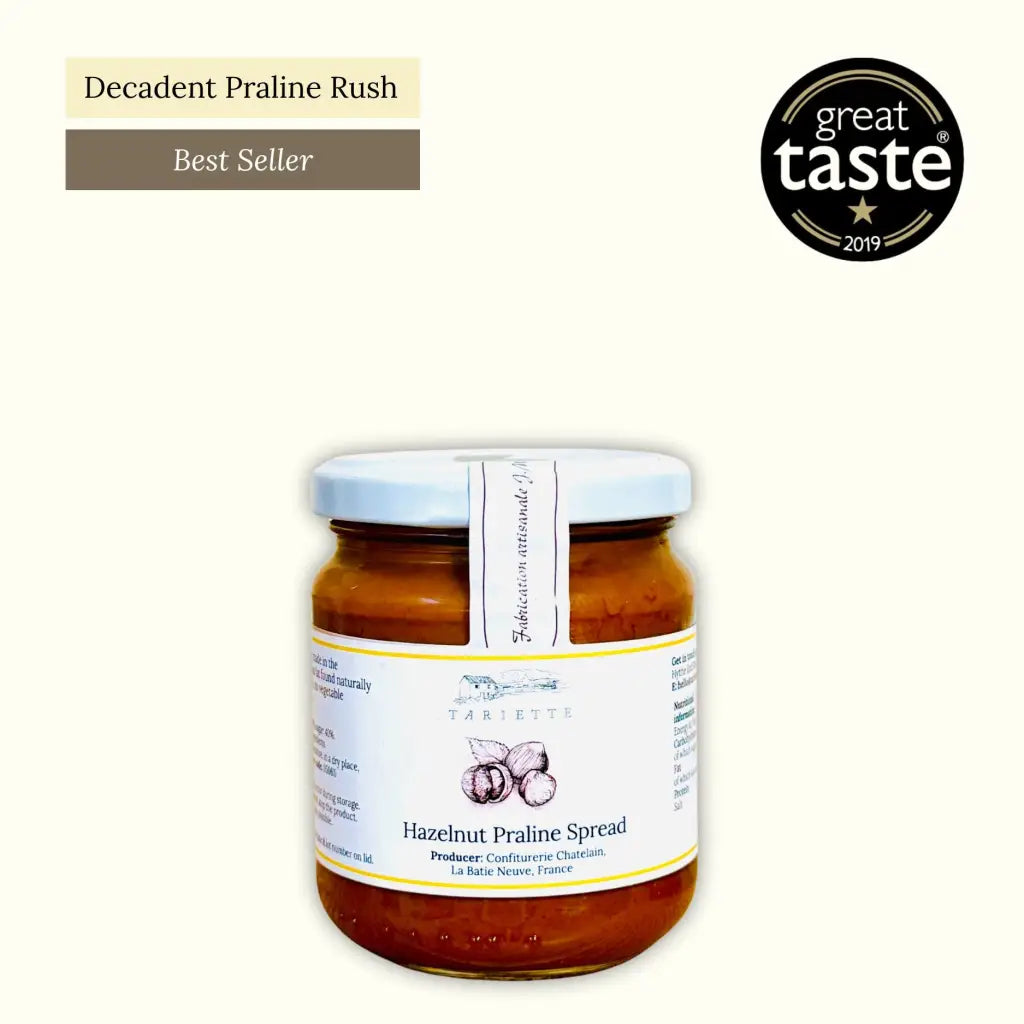 Hazelnut praline spread made in the French Alps. Only contains fat found naturally in hazelnuts. No palm oil, vegetable fat or soy lecithin.