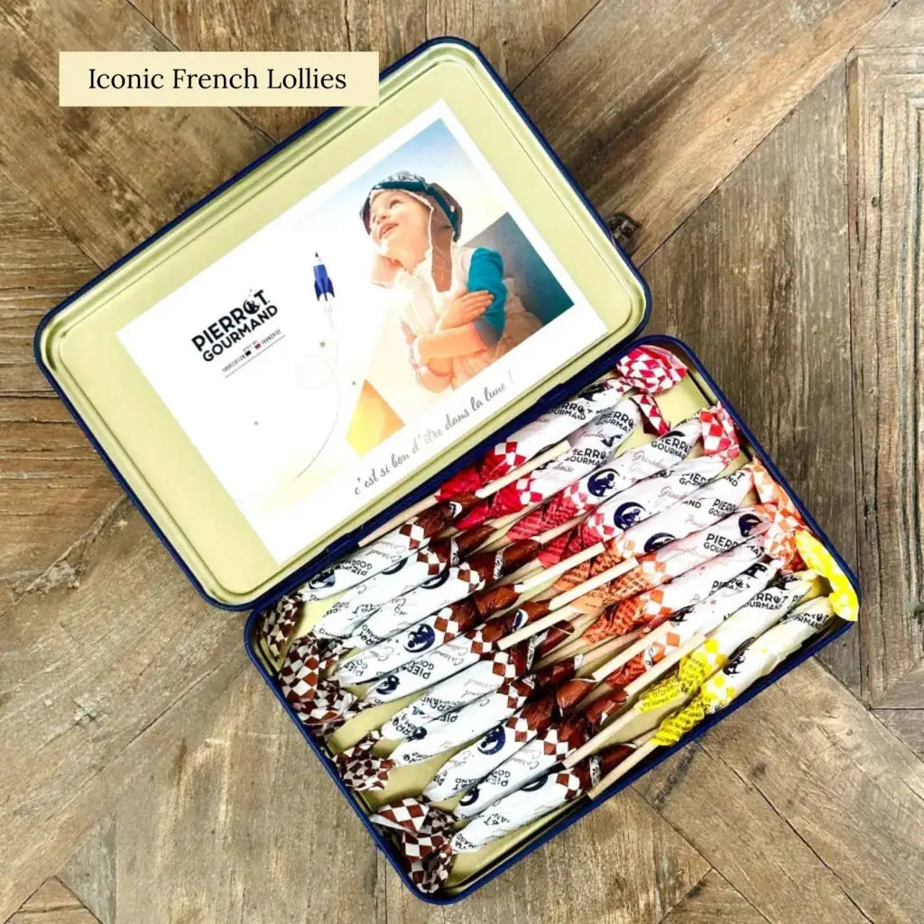 Assortment of 20 delectable French lollies, beautifully presented in a classic metal box. Half coated in rich salted caramel, while the other half feature vibrant fruit flavours (2 lemon, 2 raspberry, 2 blackcurrant, 2 peach, 2 grapefruit).