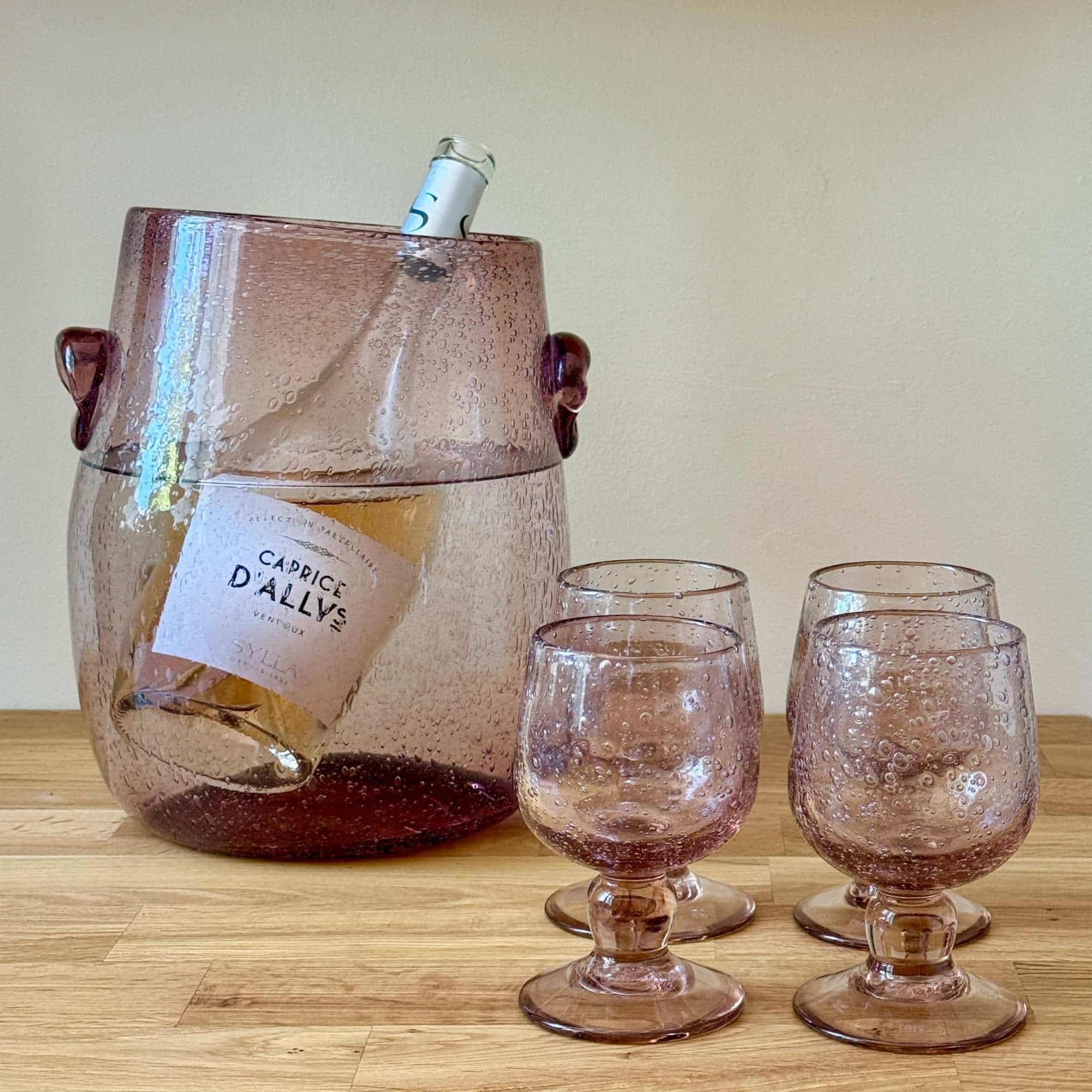 Set of four vintage pink Biot bubble glass goblets