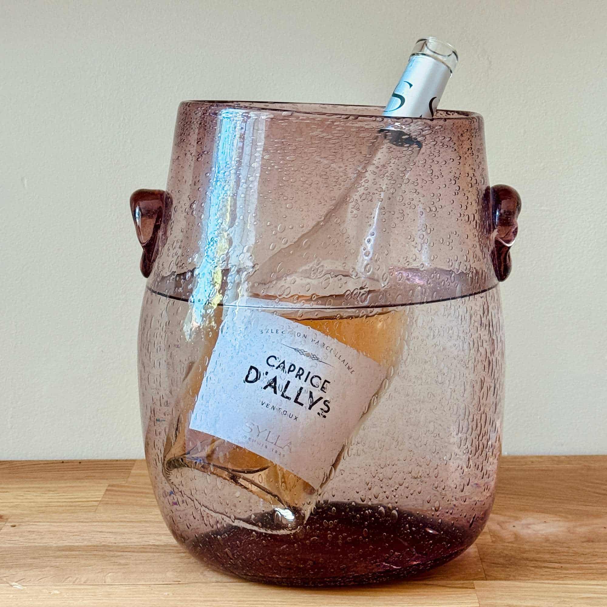 Vintage pink Biot bubble glass wine cooler with side handles