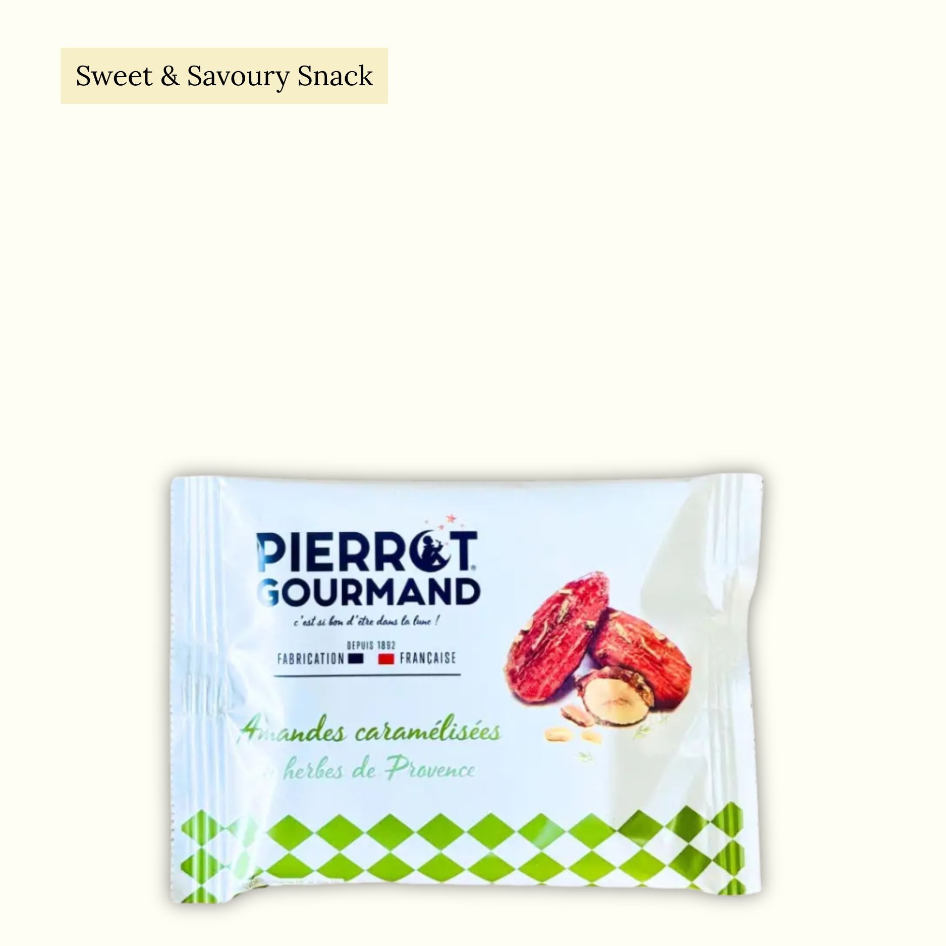 Pierrot Gourmand snack package with caramelized almonds and Provencal herbs on a white background