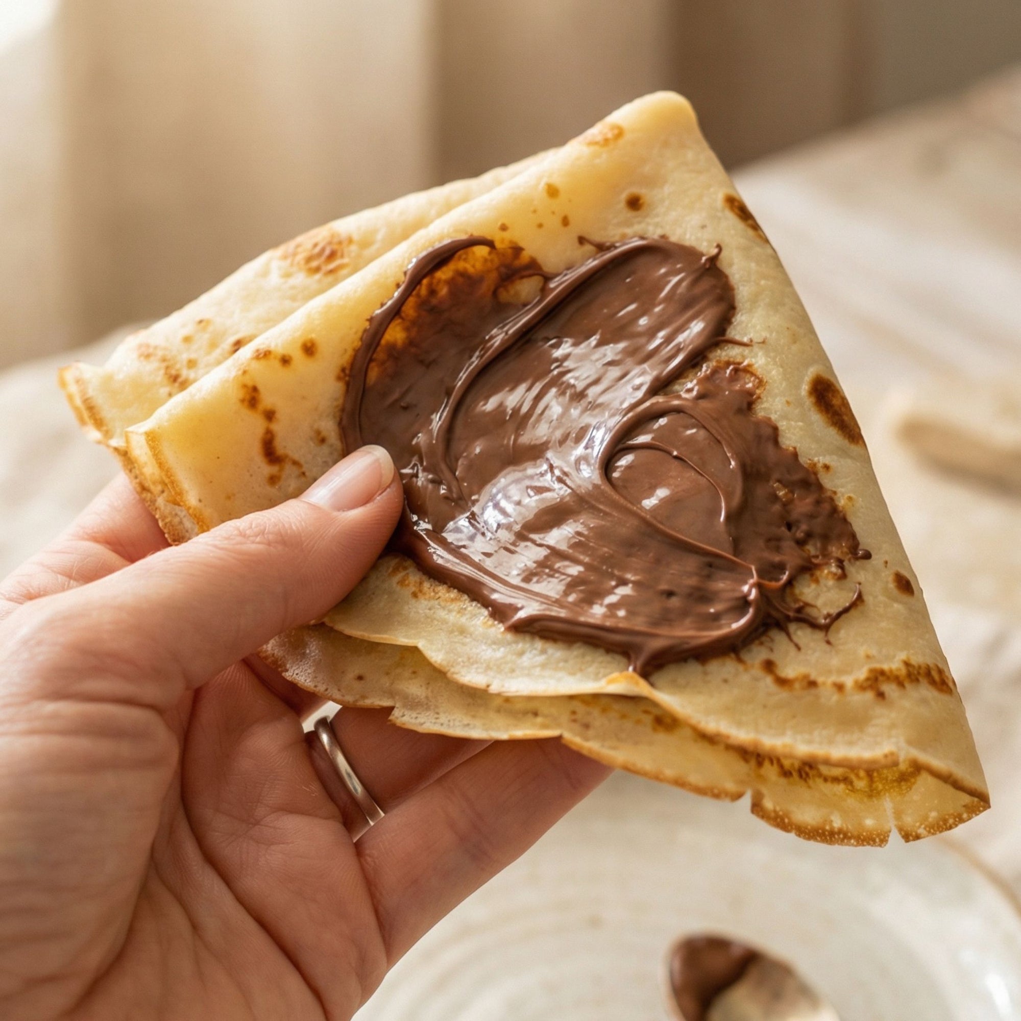 Chocolate hazelnut spread on a french crepe