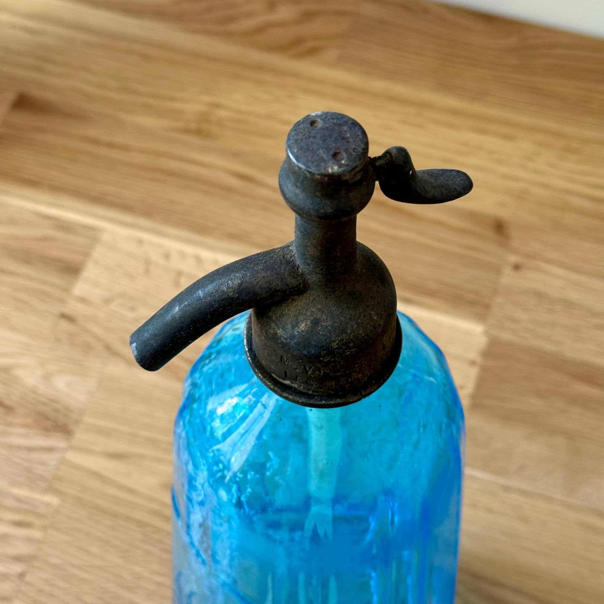 Antique French soda siphon in deep aqua blue glass