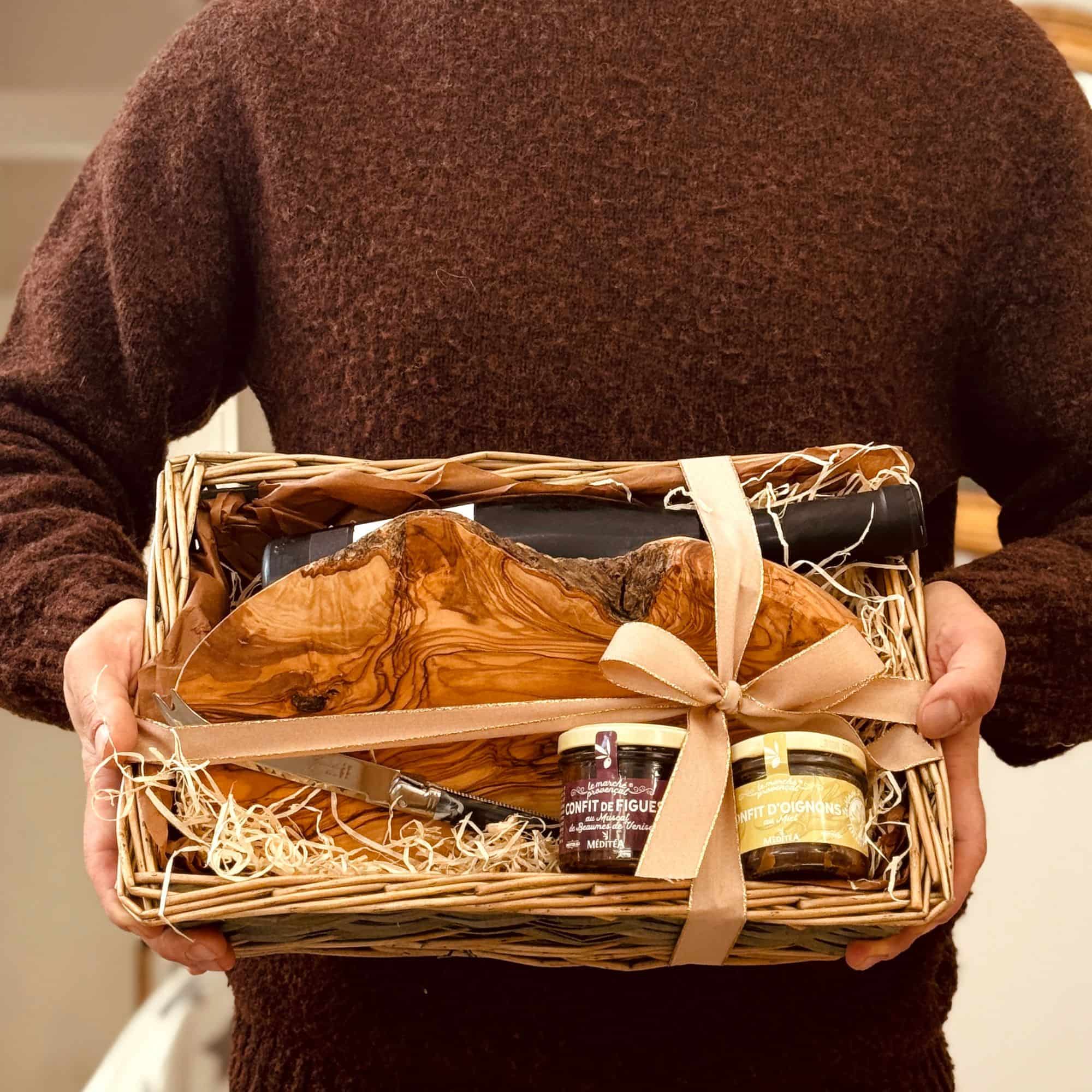 Celebrate French cheese in style with the Tariette Fromage Box — two chutneys, a Ventoux red wine, and a handmade olive wood board with a Laguiole cheese knife.