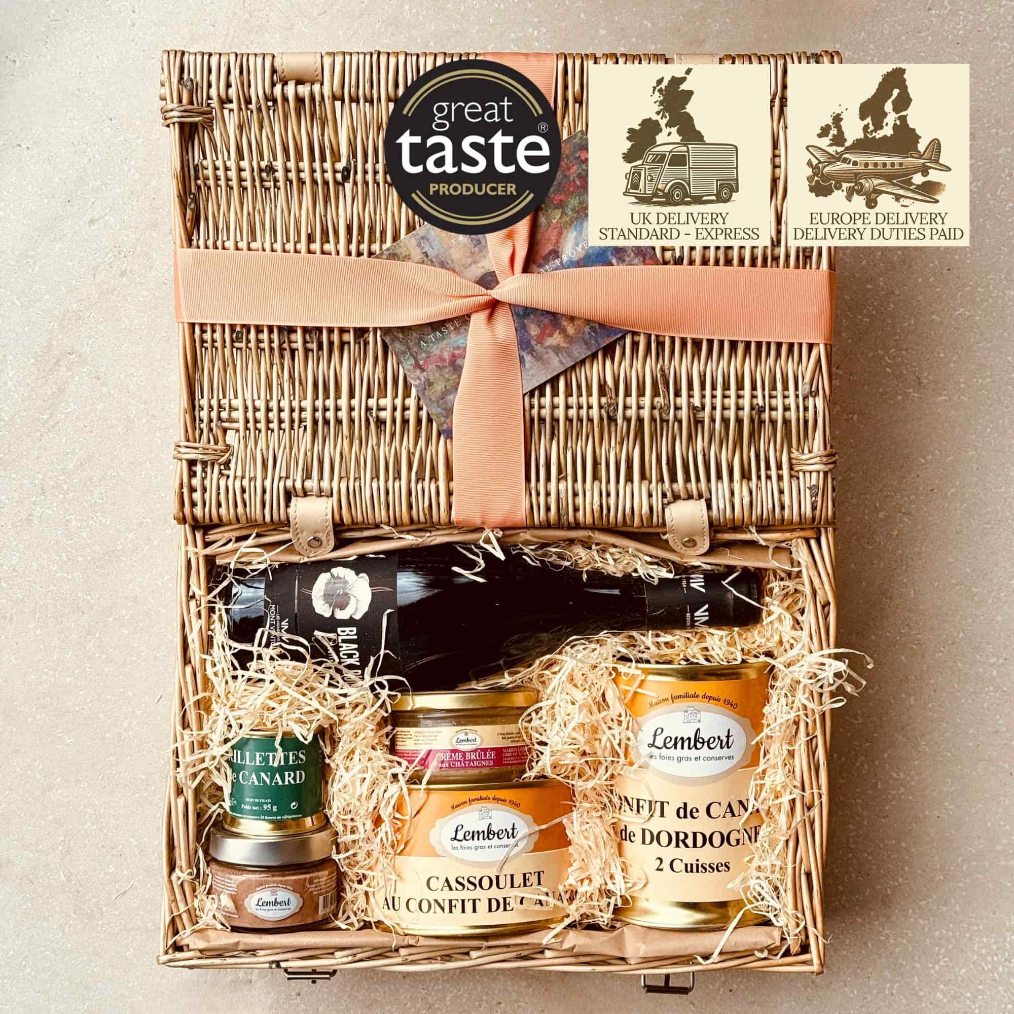 Hamper Barnabé brings the rich flavours of South West France, featuring Confit Duck, Cassoulet, and a vibrant Ventoux red wine.