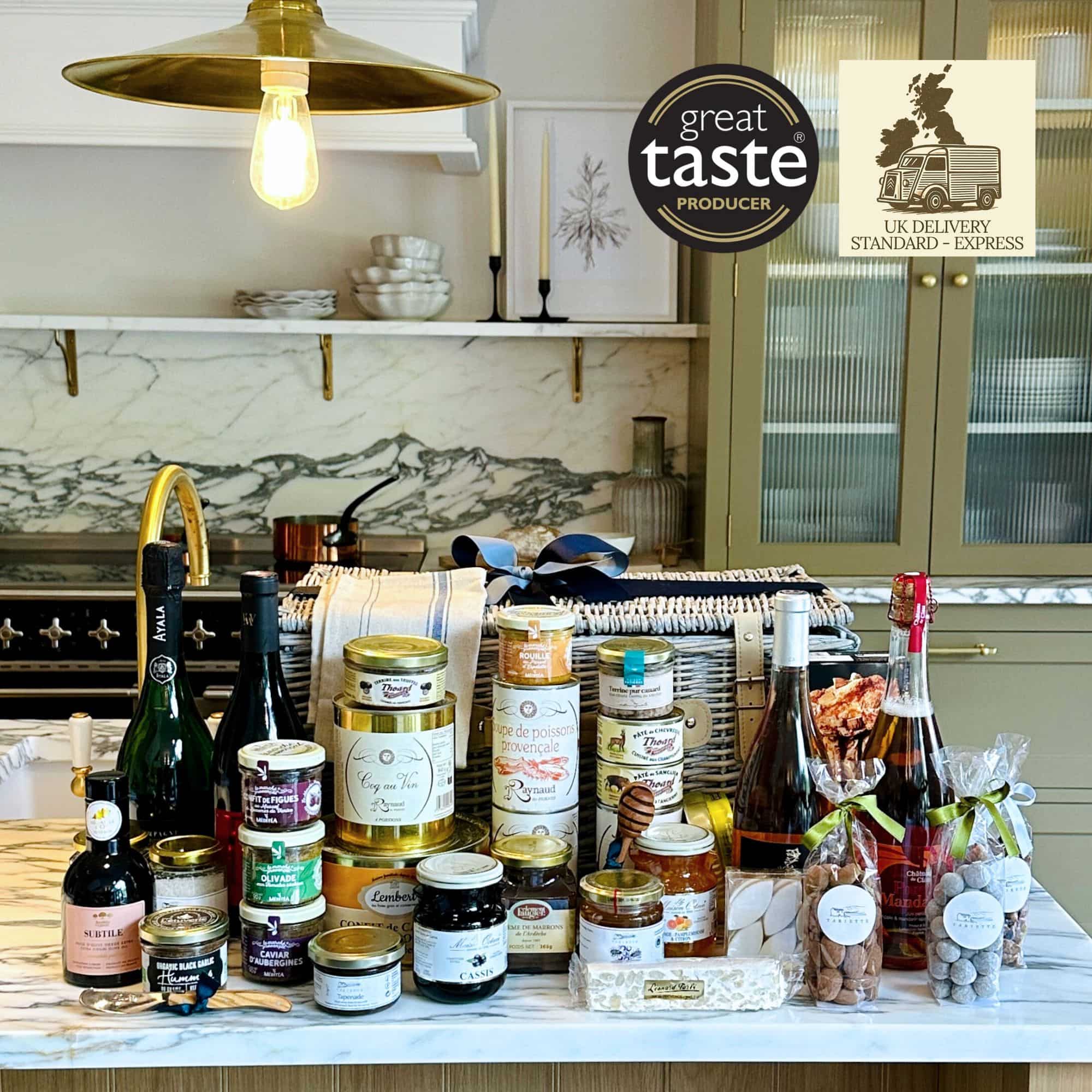 Gabin is our gargantuan hamper. The big, elegant hamper comes with two layers of fine French wine, champagne, a large selection of delicious food from Provence and thoughtful accessories. It comes with free delivery and a personalised card with a hand-written note.