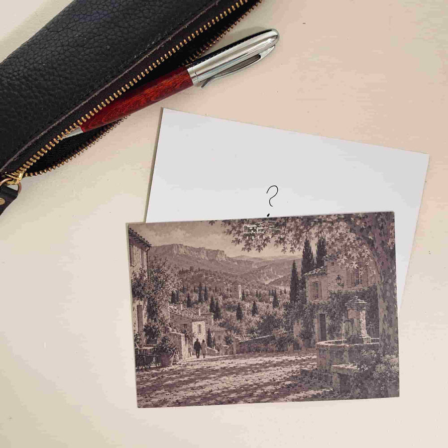 Tariette vintage-inspired Provençal postcard with blank greeting card and pen, ready for a handwritten personal message.