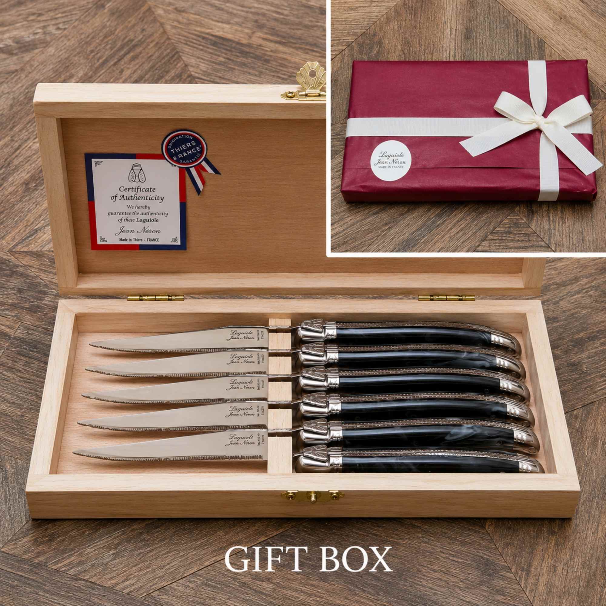 Set of 6 Laguiole knives in black marble colour in a gift box