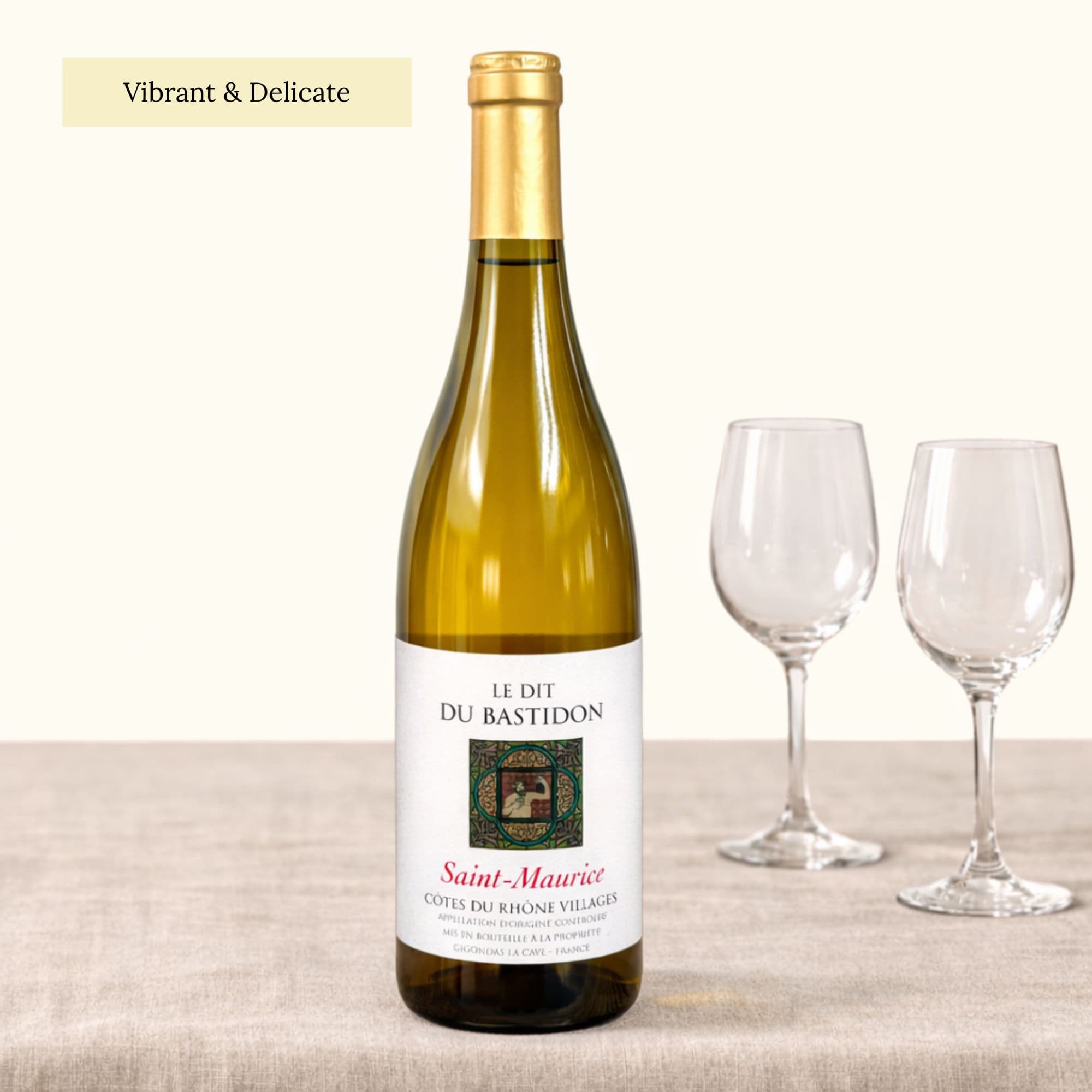 Côtes du Rhône Villages Blanc Le Bastidon white wine bottle from Cave de Gigondas on natural linen background