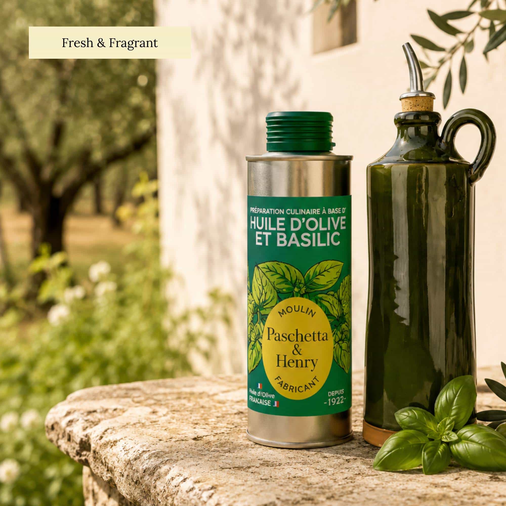 Extra virgin olive oil with fresh basil made in Haute-Provence