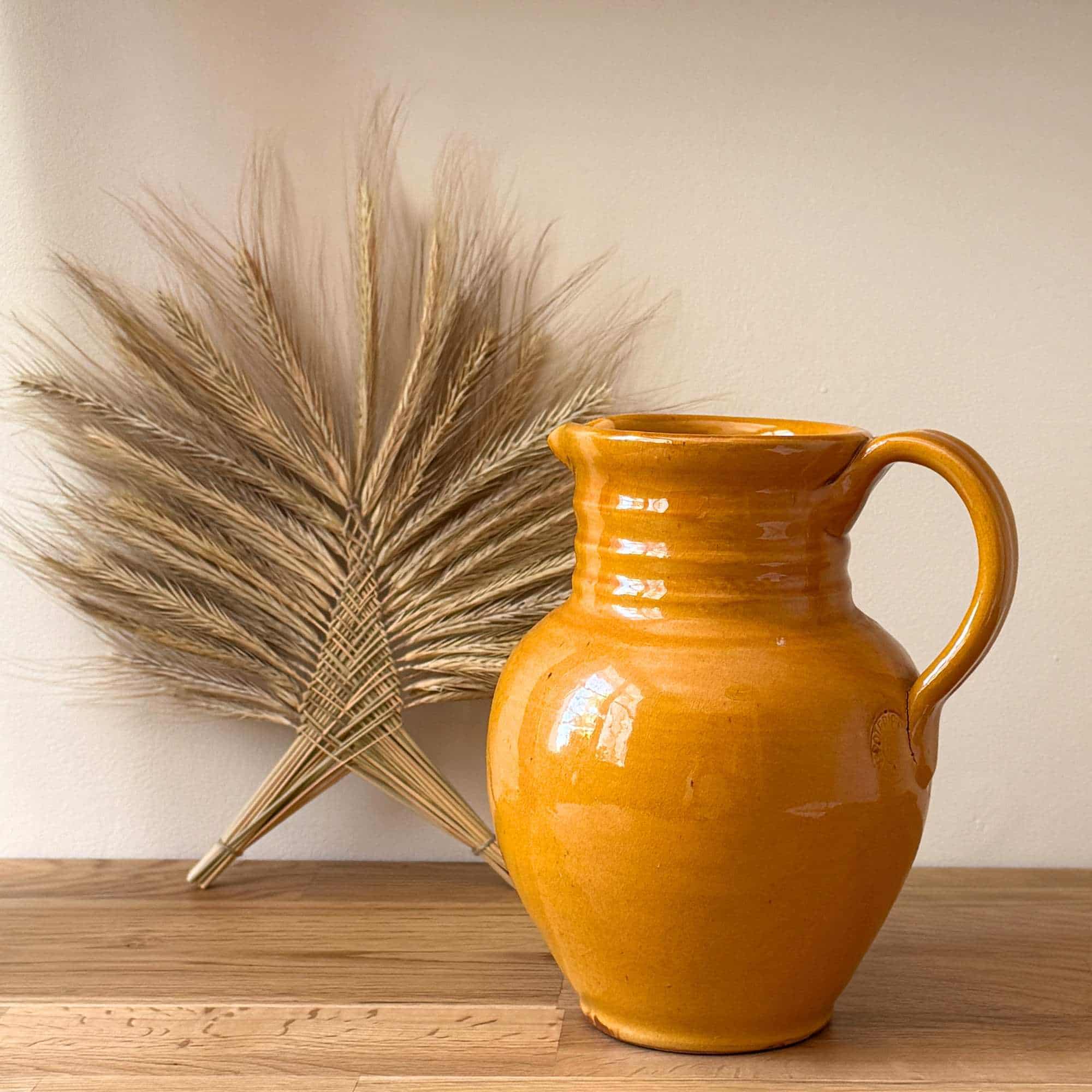 Vintage Ravel French terracotta pitcher with honey ochre glaze