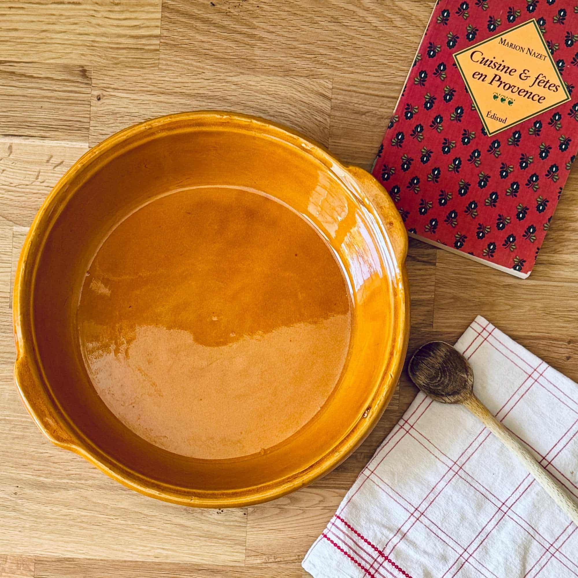 Vintage Ravel Provençal tian dish in honey ochre glazed terracotta