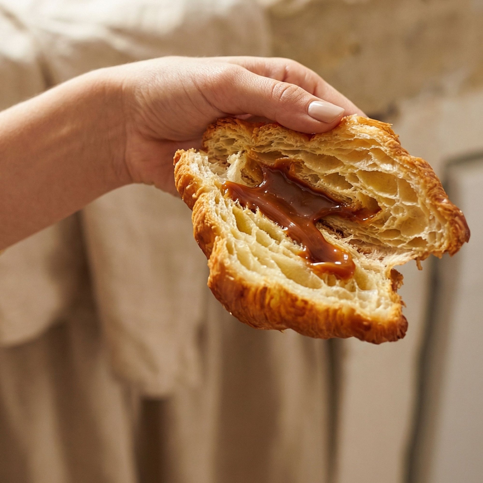 Enjoying salted caramel spread on a french croissant