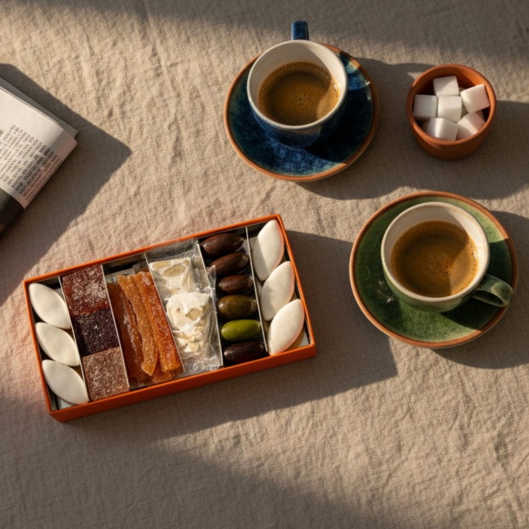Box of sweet treats from Provence: chocolate almonds, calissons, nougat and more
