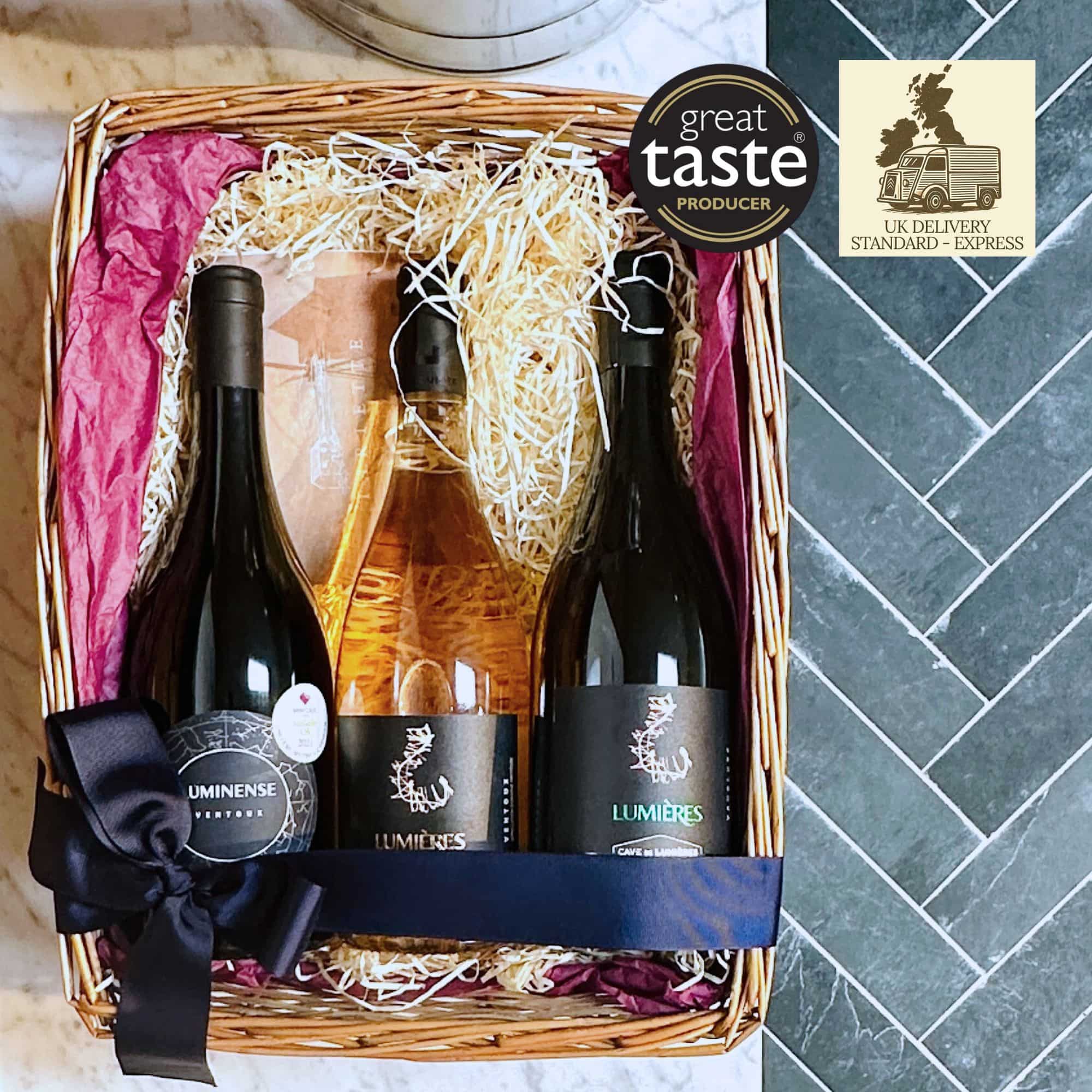 This elegant wine gift set features our favourite Ventoux red, rosé, and white wines from Cave de Lumières, beautifully presented in a wicker basket.