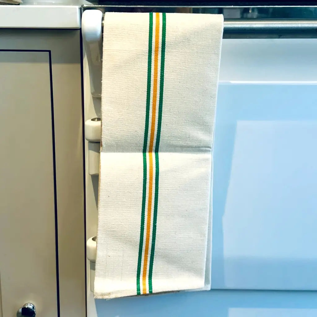 Antique french tea towel with green and yellow stripes