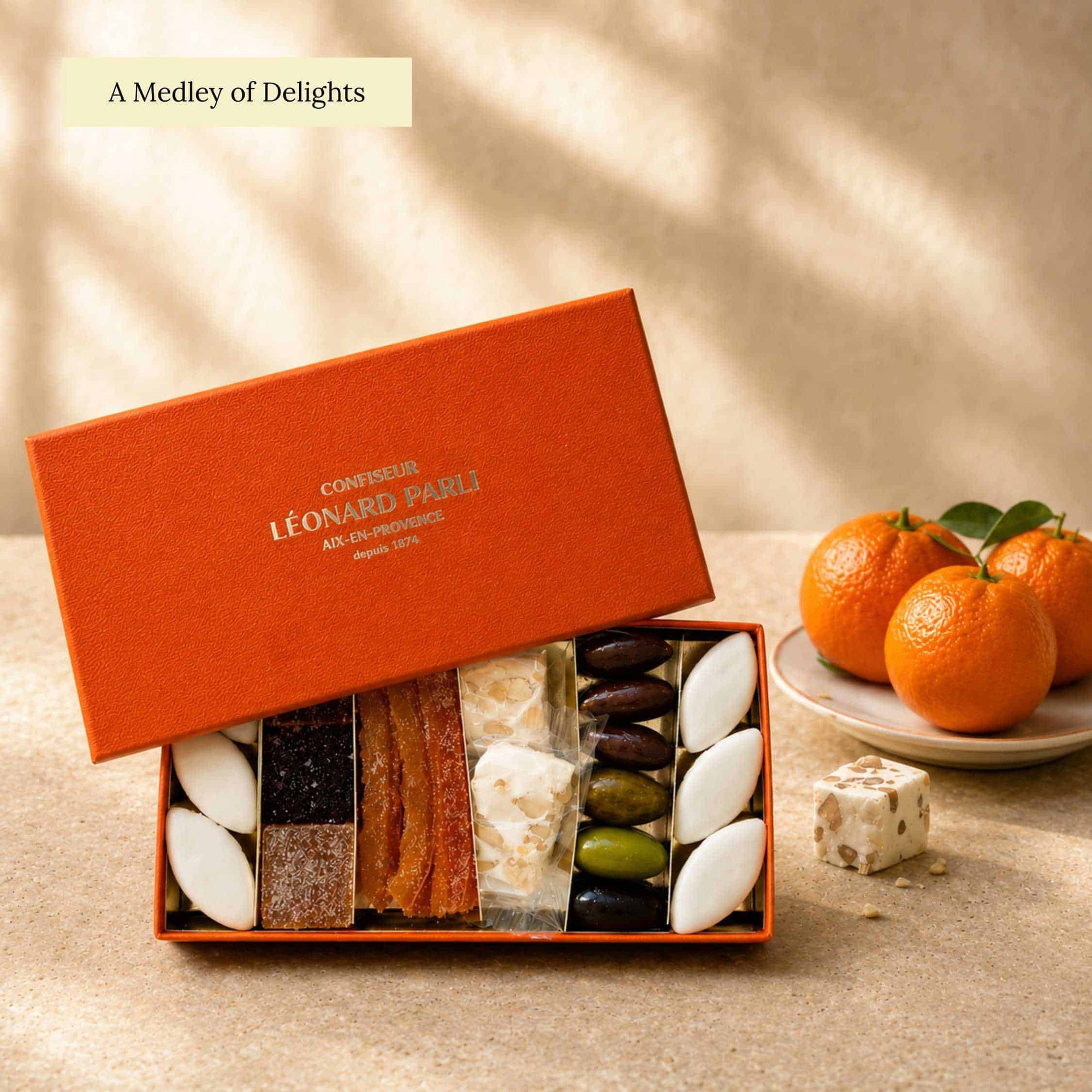 treats box from provence with nougat, calissons, chocolate almonds