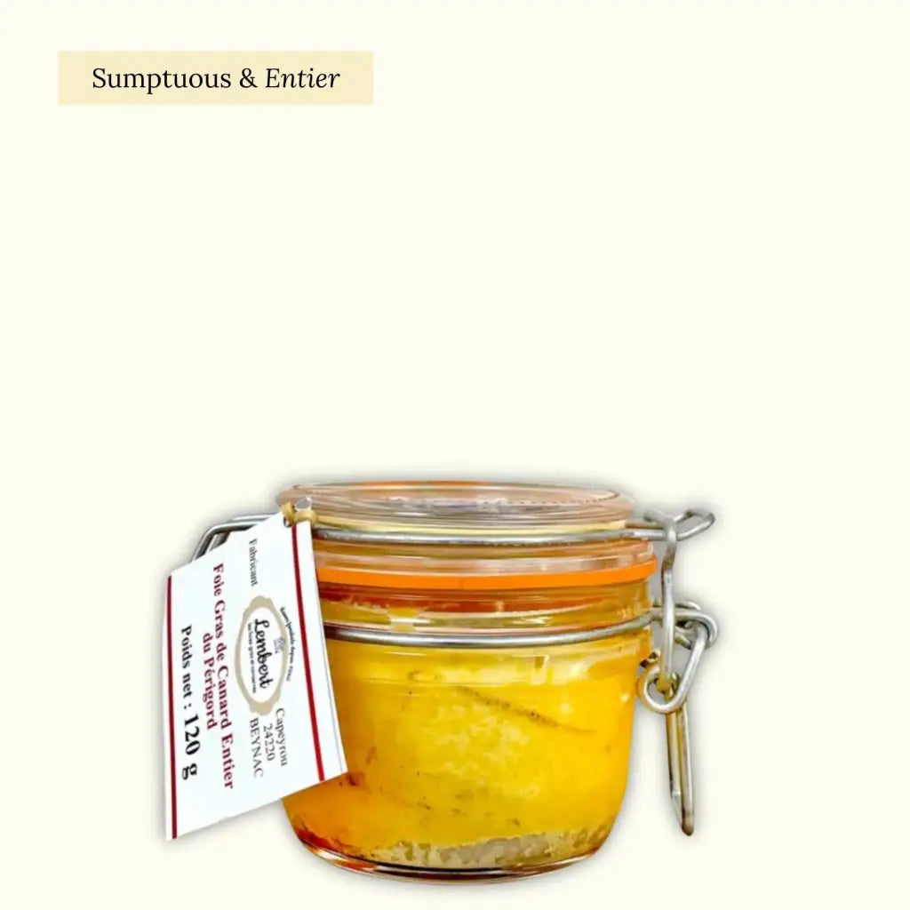 Duck foie gras entier, sterilised, in a stylish glass jar, (origin: Dordogne).