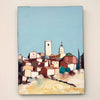 Vibrant vintage oil on canvas depicting the sunlit rooftops and church towers of a Provençal hilltop village under a brilliant blue sky. 