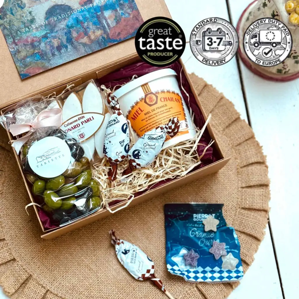 A true treat for the sweet tooth. This box brings together Calissons from Aix, chocolate coated almonds, Provence flower honey, vegan sweets and three buttery caramel lollies.