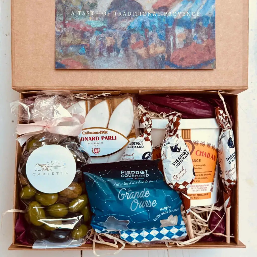 Provençal sweet gift box filled with Calissons, chocolate almonds, local honey, vegan sweets and caramel lollies.