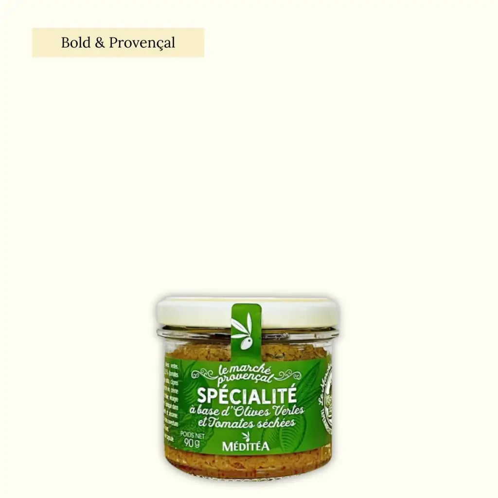 A sour, yet sweet&nbsp;tapenade made with green olives, sundried tomatoes and anchovy paste.