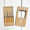 4-piece French knife set for cooking and serving. Includes a cheese knife, paring knife, spreader and peeler. Stainless steel blades and olive wood handles.