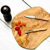 French 4-piece knife set with olive wood handles, including cheese knife, paring knife, spreader and peeler, stainless steel blades for cooking and serving.