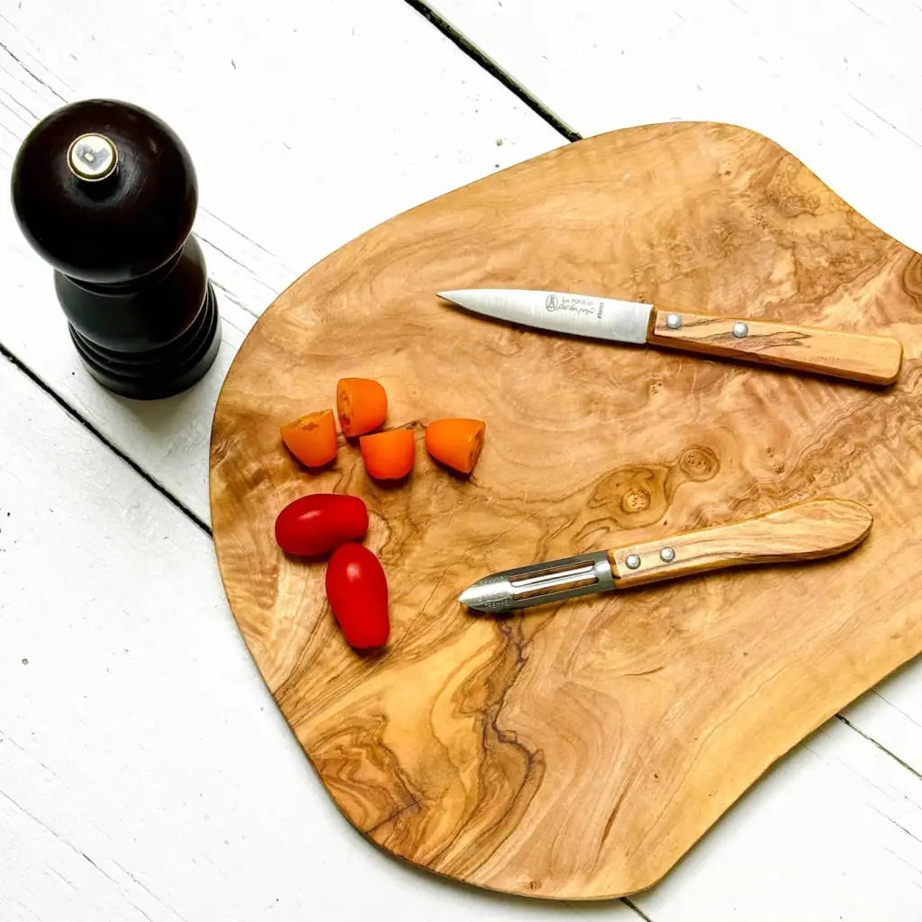 French 4-piece knife set with olive wood handles, including cheese knife, paring knife, spreader and peeler, stainless steel blades for cooking and serving.