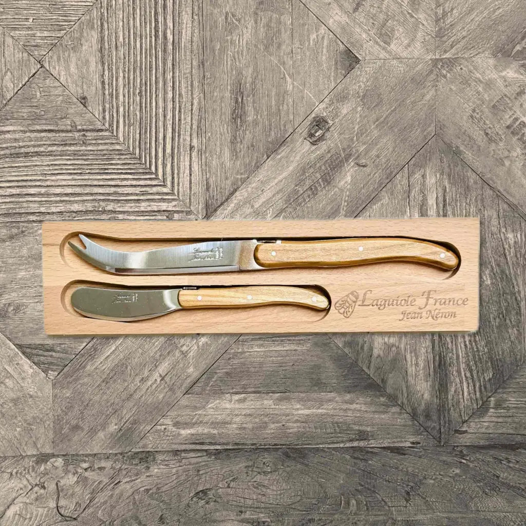 Laguiole Cheese and Butter Knife Set – Olive Wood Handle, Wooden Tray