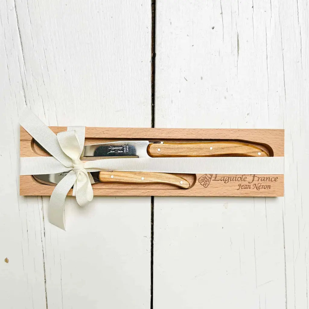 Laguiole Cheese and Butter Knife Set – Olive Wood Handle, Wooden Tray