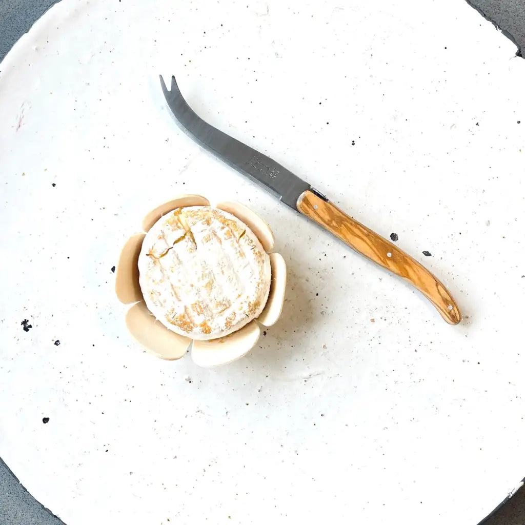 Laguiole cheese knife next to a cheese