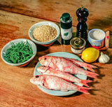 Roasted red mullet with tapenade, samphire, and rice