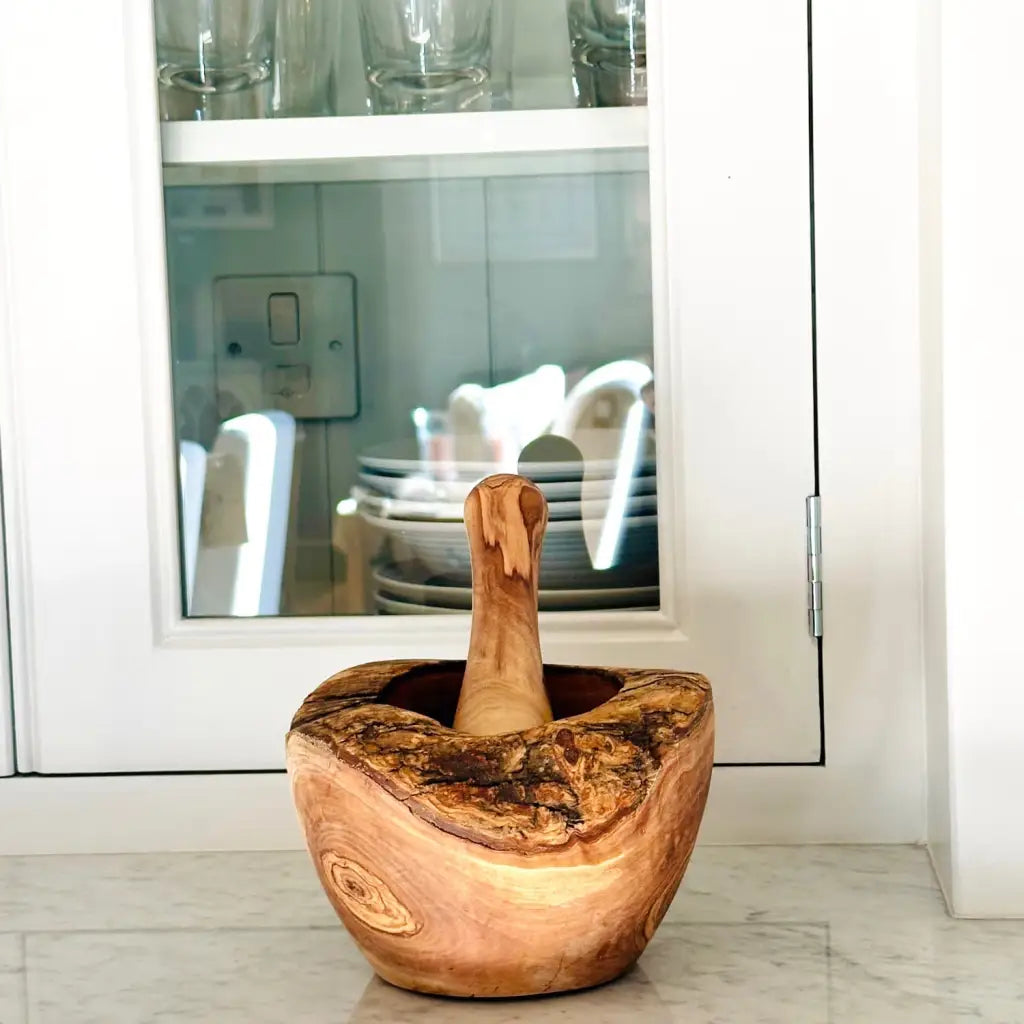 Large pestle mortar made of olive wood