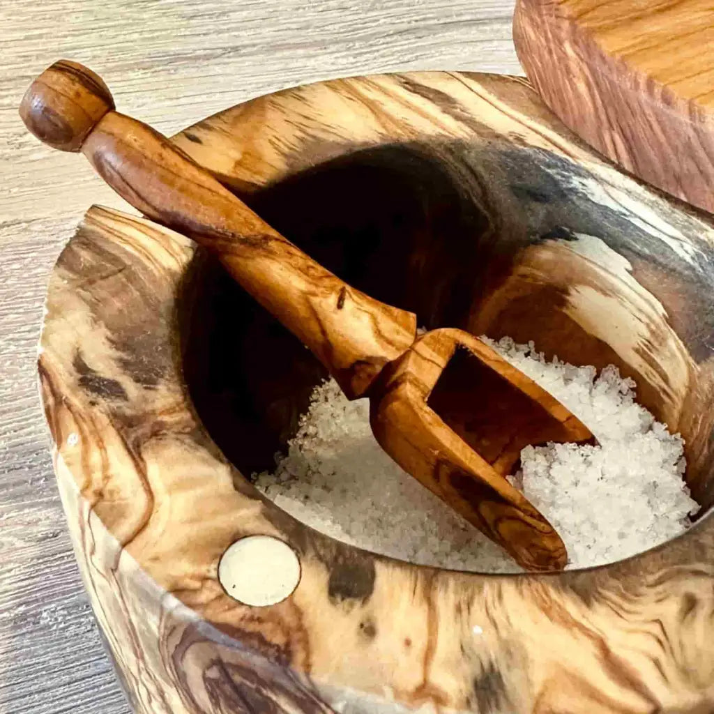 close up on salt bowl with salt spoon