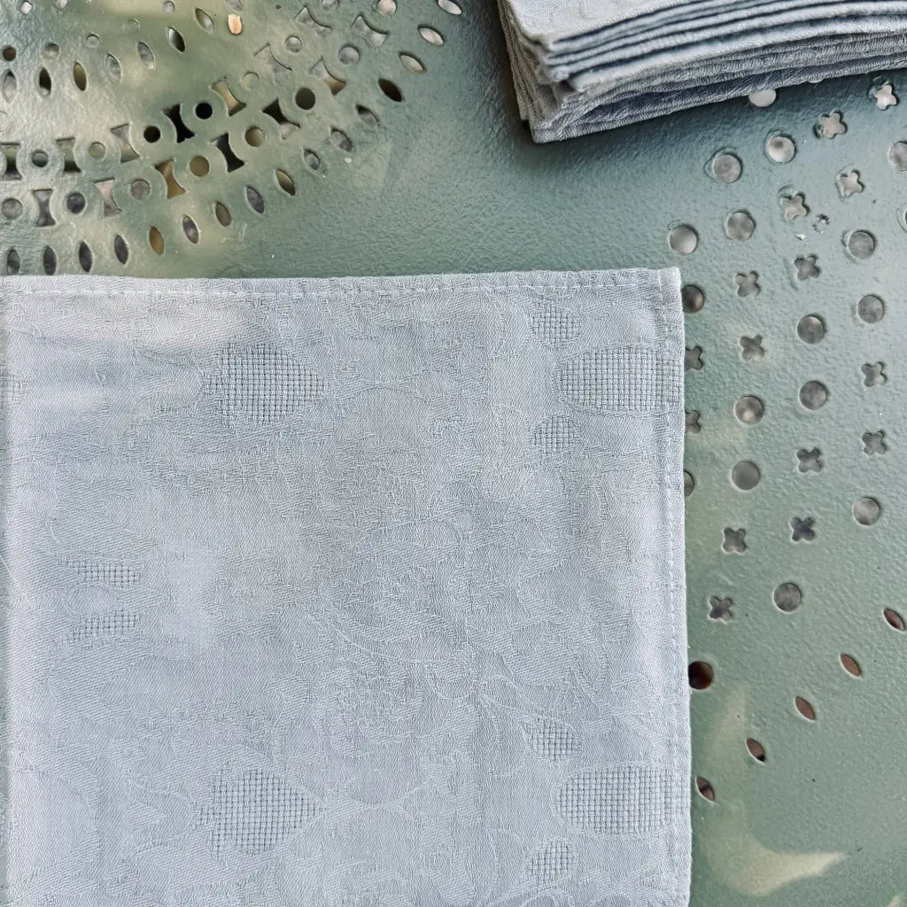 Set of 12 Antique French Damask Cotton Napkins - Almond Grey