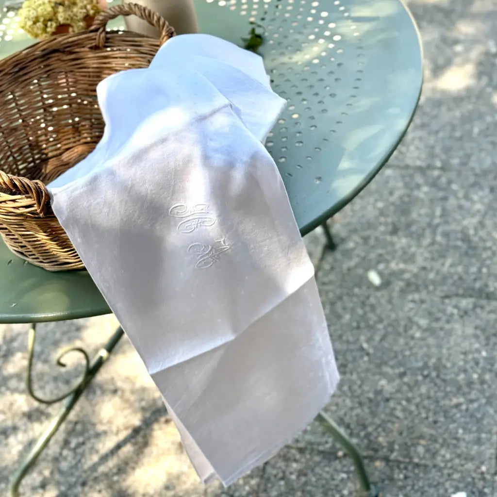 Set of 6 Antique French Damask Cotton Napkins - Initials HM