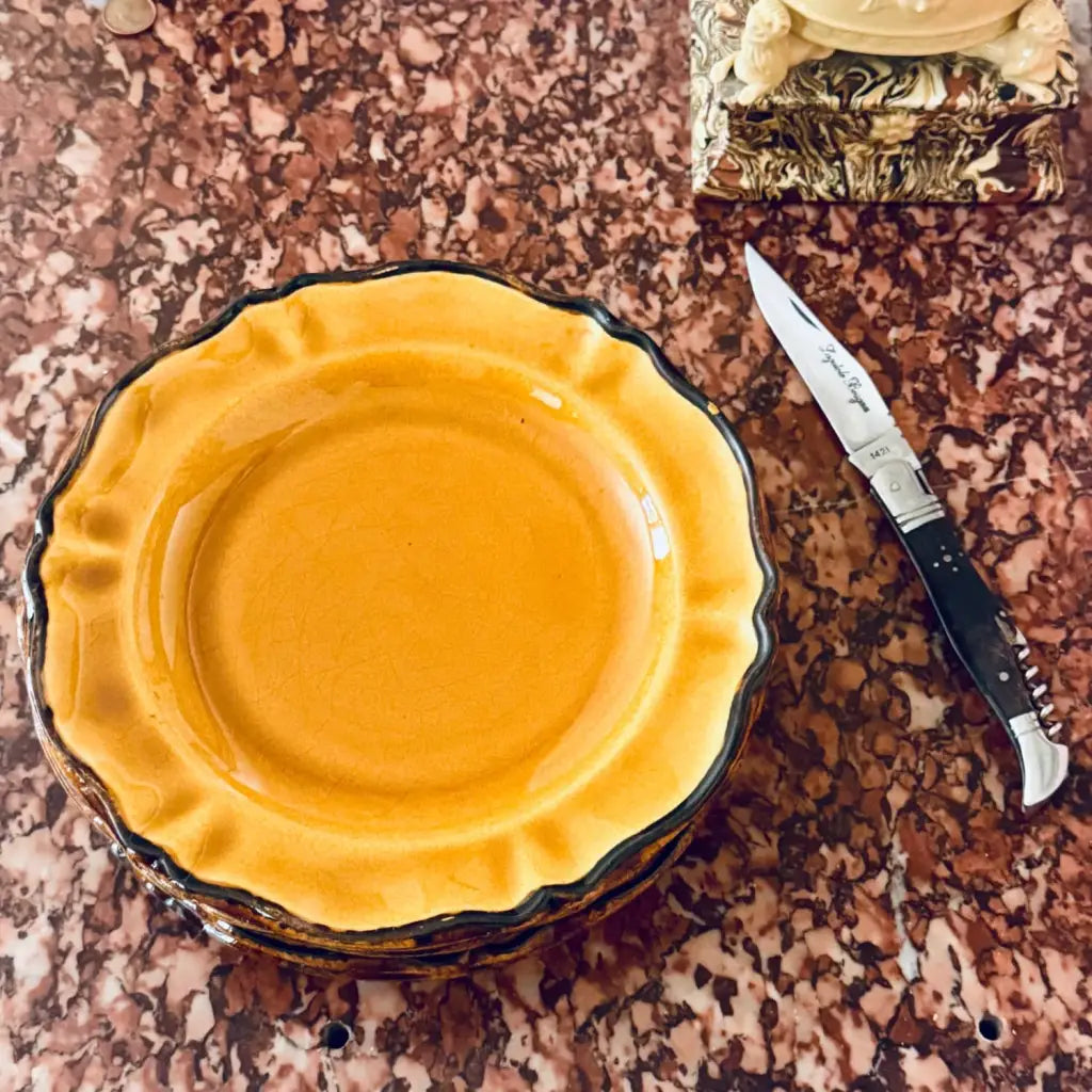 Set of 6 Antique Provençal Earthenware Dessert Plates - Yellow Gold Glaze (21cm)