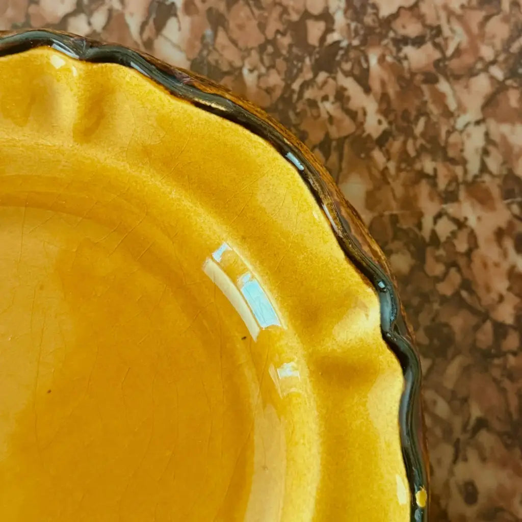 6 antique dessert plates from Provence with a rich Provençal yellow-gold glaze, each plate features an off-black hand-painted border.