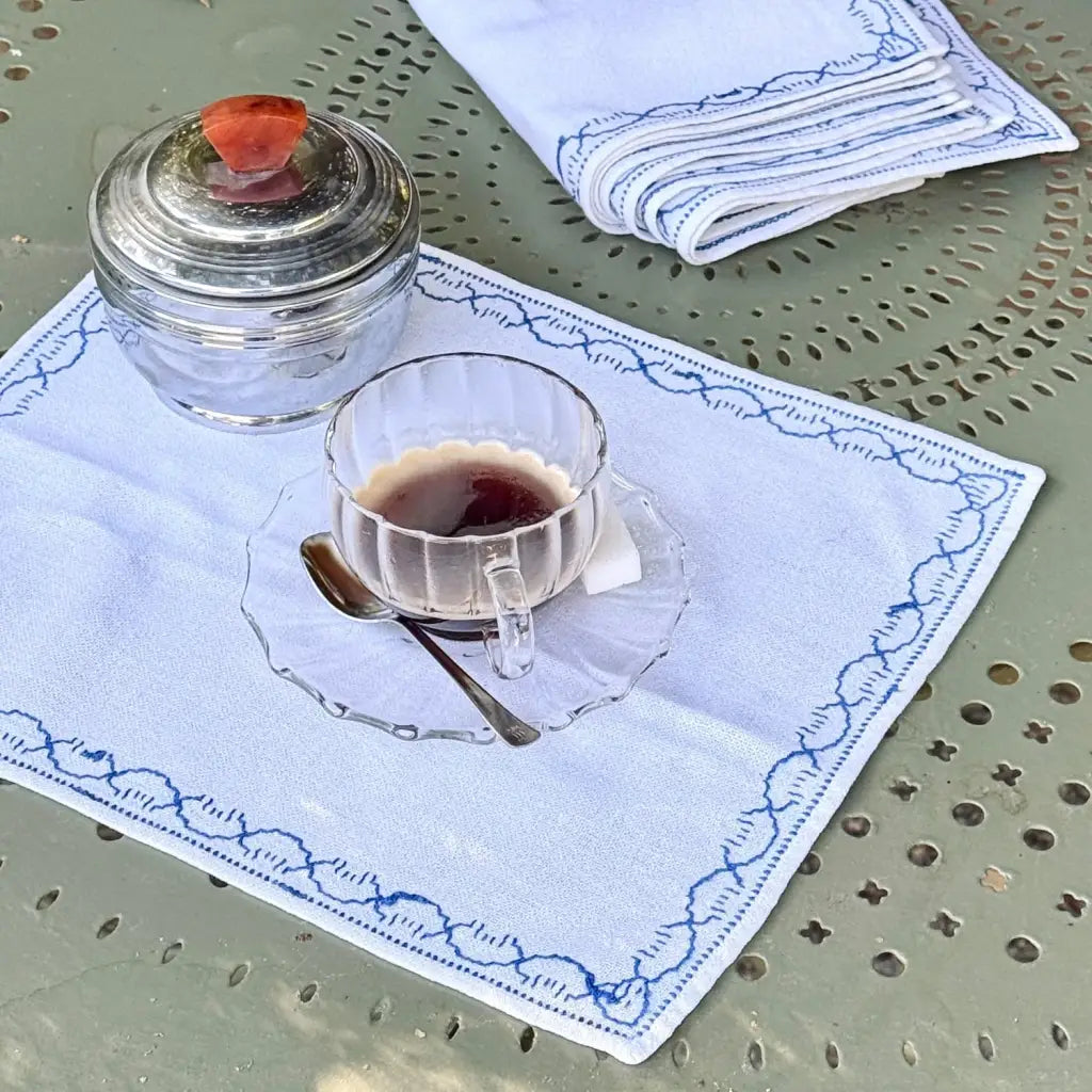 Set of 6 Small Vintage French Cotton Placemats - Blue Embroidery
