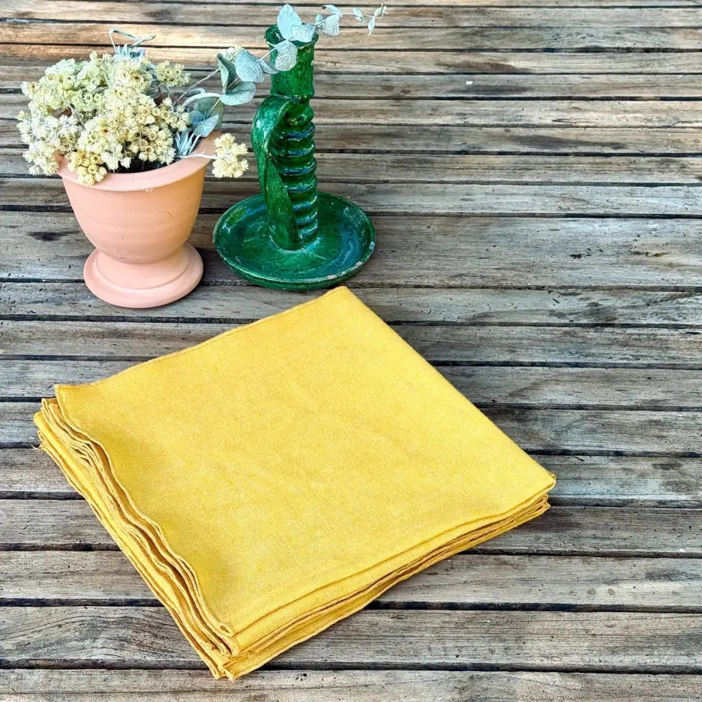 Set of 6 Vintage French Cotton Napkins - Ochre Yellow
