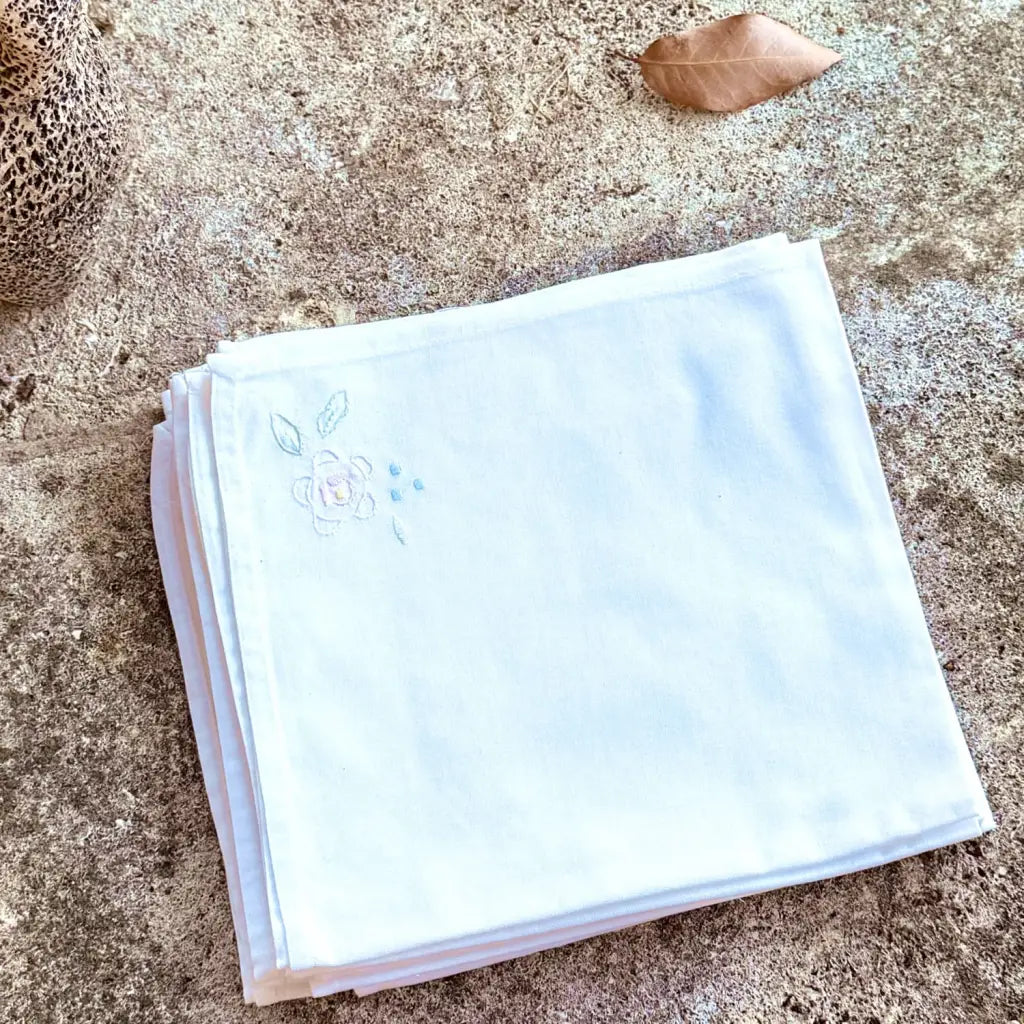 Set of 6 Vintage White Cotton French Napkins – Embroidered Pastel Flowers