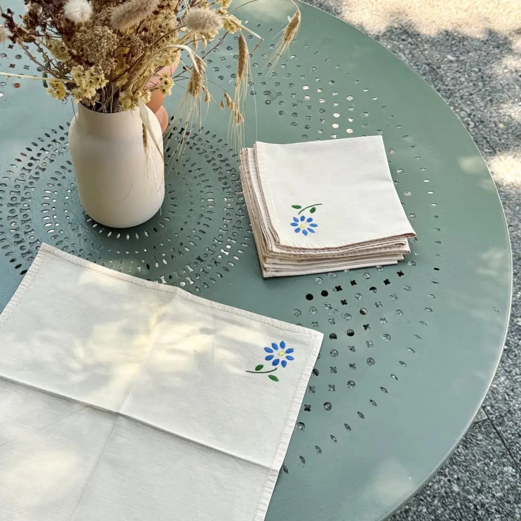 8 Vintage French Cotton Napkins - Peach Colour with Embroidered Flowers